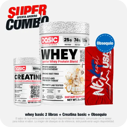 Combo Whey Basic 2 libras + Creatina Basic + Toalla Obsequio