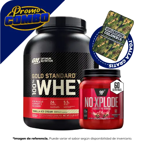 COMBO WHEY GOLD 5 LIBRAS + NO-XPLODE 60 SERVICIOS + TOALLA GRATIS